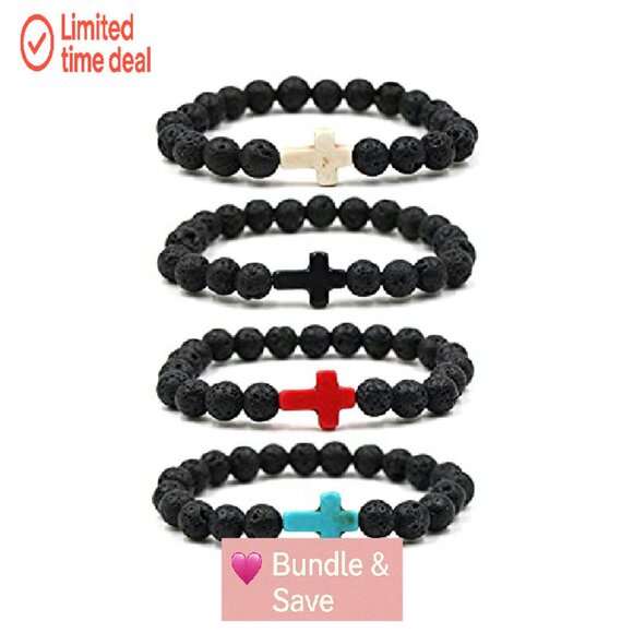 Adjustable Lava Stone Stretch Bracelet Set with Cross Beads for Men Women - Picture 2 of 6